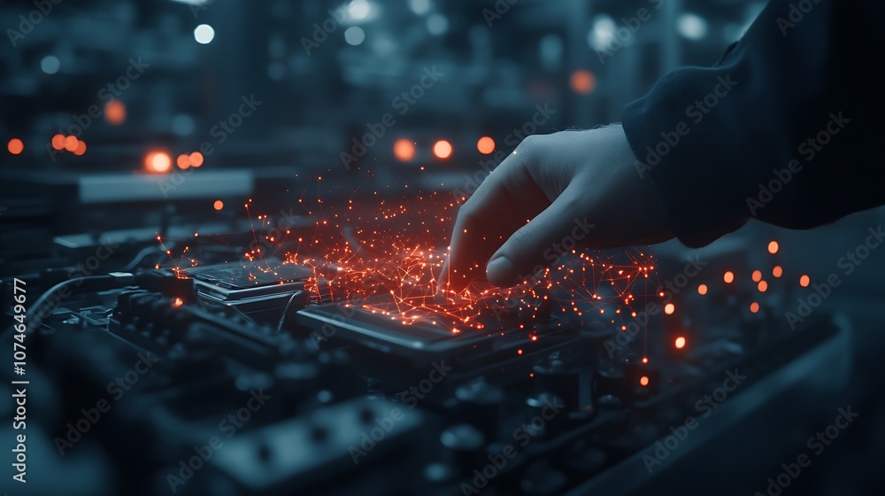 Poster a hand interacts with a glowing circuit board, showcasing a blend of technology and innovation in a 