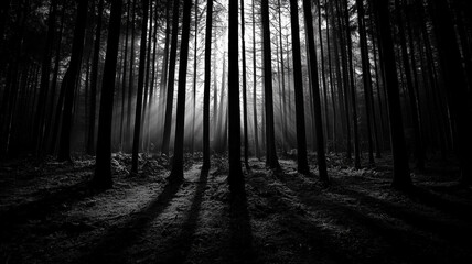 Naklejka premium Mysterious dark forest with tall trees and dramatic rays of light breaking through, creating a mystical and atmospheric scene