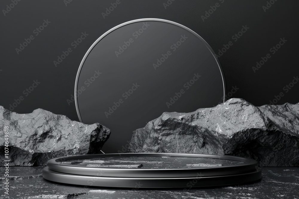 Poster black circular podium with rocks and a circle in the background