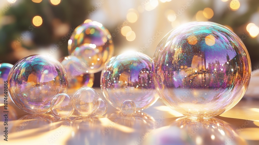 Poster a collection of colorful bubbles reflecting light, creating an enchanting atmosphere with a dreamy q