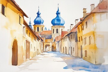 Fototapeta premium Beautiful czech small european town hand drawn watercolor illustration poster oil canvas acrylic painting 