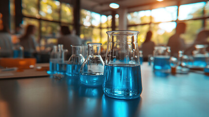 Scientists conducting experiments with beakers and test tubes in a lab, blurred figures in the background engaged in research.