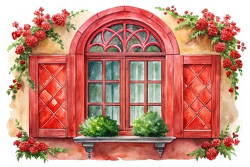 Enchanting hand-painted clipart of a red decorative window in watercolor, ideal for designing greeting cards, posters, prints, and banners, adding artistic flair to your projects.