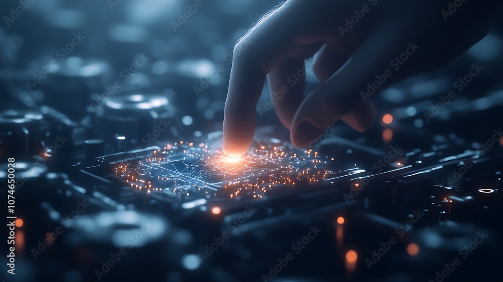 Poster a hand touches a glowing circuit board, surrounded by bluish light, symbolizing technology and innov