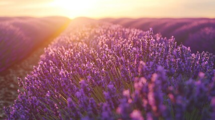 Obraz premium Lavender Field in Vibrant Bloom Bathed in Golden Sunset Light