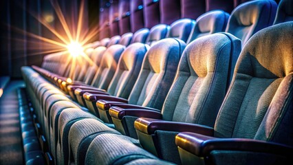 Obraz premium Empty theater seats illuminated under a spotlight, captured in macro photography. The dramatic lighting enhances the cinematic atmosphere, inspiring an intimate setting rich in stunning details.