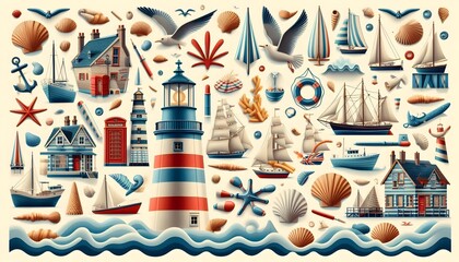 A 3d rendered playful nod to the UK’s seaside towns, coastal culture, and maritime history. Lighthouse silhouettes, seagulls, striped beach huts, and fish-and-chips illustrations. 
