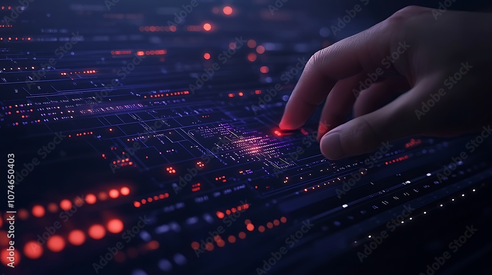 Poster a hand reaching towards glowing data points on a dark interface, illustrating interaction with techn