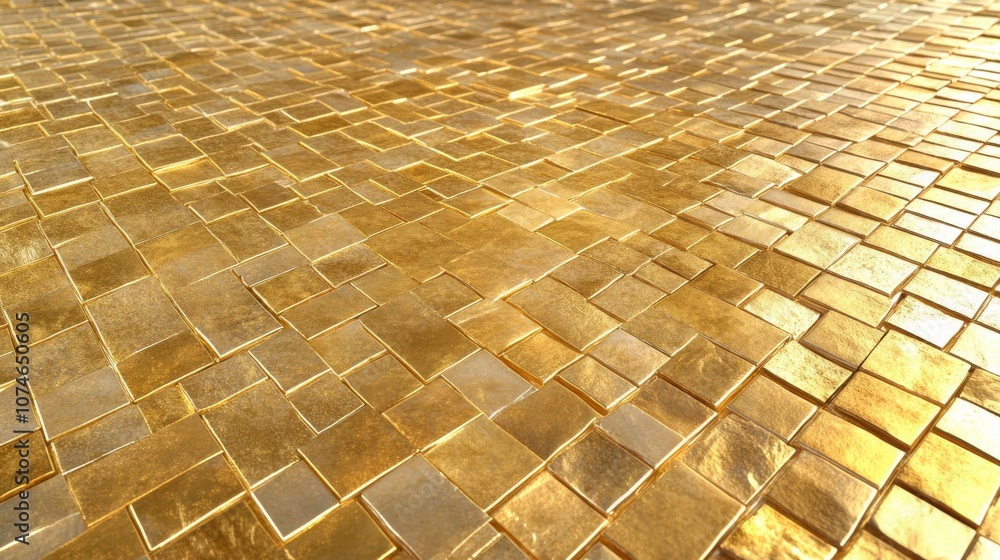 Poster a stunning close-up view of a textured surface made from shiny gold tiles, creating a luxurious and 