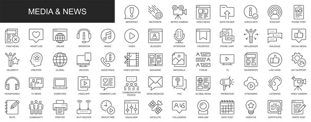 Media and news web icons set in thin line design. Pack of phone post, likes, blogger, interview, video, favorite, influence, dialogue, influence, other outline stroke pictograms. Illustration.