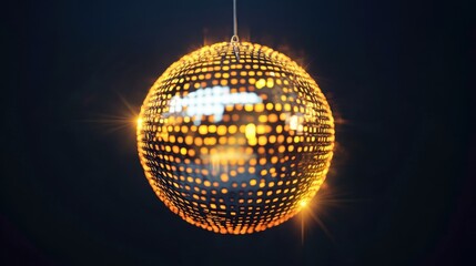 Obraz premium A sparkling golden disco ball reflecting vibrant lights against a dark background.