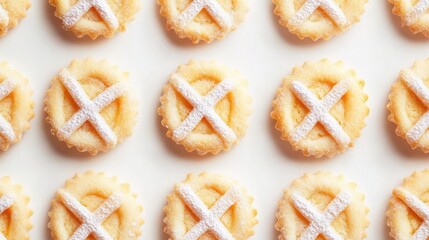 A pattern of mini pastries with a white lattice topping, dusted with powdered sugar. Perfect for a sweet treat or a dessert table.