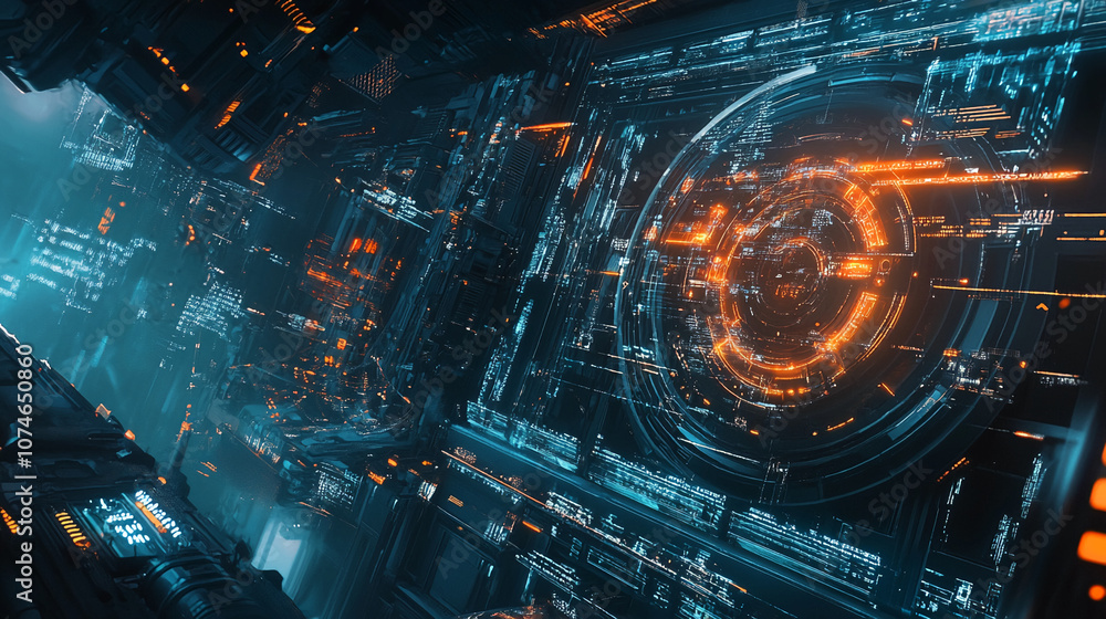 Poster a futuristic cityscape with glowing blue and orange lights displays complex digital data in a seemin