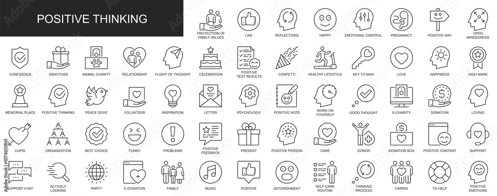 Aufkleber positive thinking web icons set in thin line design. pack of family value, reflection, emotional con