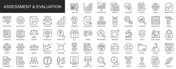 Assessment and evaluation web icons set in thin line design. Pack of auditor, presentation, report, results, target, satisfaction, rating, award, other outline stroke pictograms. Illustration.