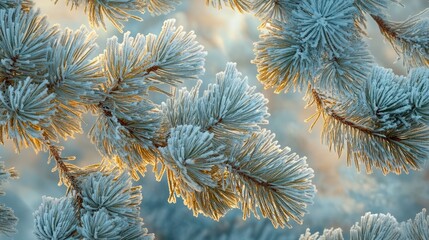 Close-up of frost-covered pine needles, bathed in the soft glow of the winter sun.