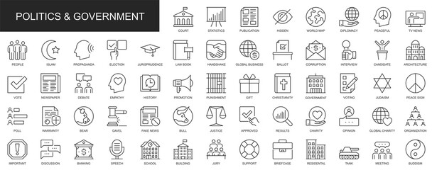 Politics and government web icons set in thin line design. Pack of statistics, diplomacy, tv news, debate, election, corruption, ballot, vote, other outline stroke pictograms. Illustration.