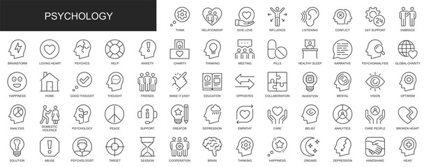 Psychology web icons set in thin line design. Pack of relationship, love, influence, listening, support, brainstorm, anxiety, charity, meeting, other outline stroke pictograms. Illustration.