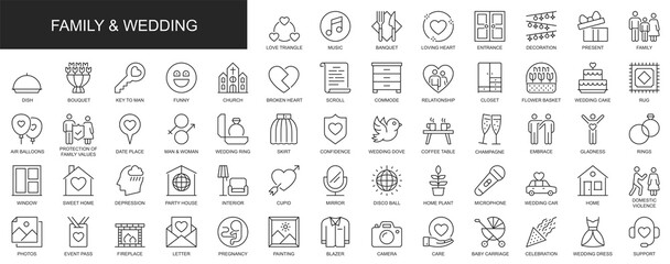 Family and wedding web icons set in thin line design. Pack of relationship, love triangle, banquet, church, flower bouquet, care, support, photos, other outline stroke pictograms. Illustration.