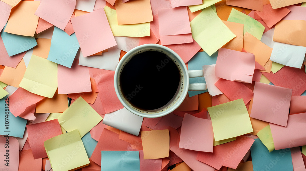 Poster a top view of a coffee cup surrounded by colorful sticky notes, creating a vibrant and creative work