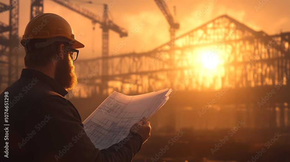 Poster a construction worker reviews blueprints at sunset, surrounded by cranes and a building site, captur