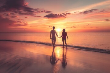 Honeymoon couple romantic in love at beach sunset. Newlywed happy young couple. Neural network ai generated art