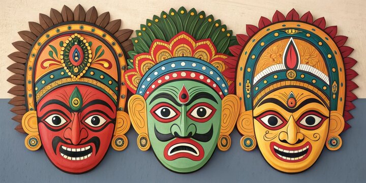 Three colorful, hand painted indian masks are hanging on a wall, showcasing the rich artistry and cultural heritage of traditional performing arts