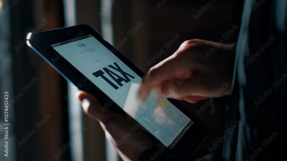 Aufkleber businessman is using tablet computer to manage taxes online, tapping on screen with finger, close up
