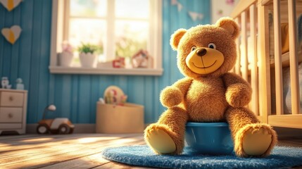A smiling teddy bear sits patiently on a blue potty in a nursery.
