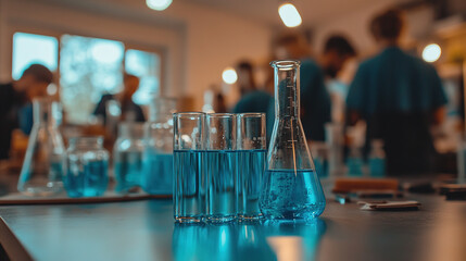 Scientists conducting experiments with beakers and test tubes in a lab, blurred figures in the background engaged in research.