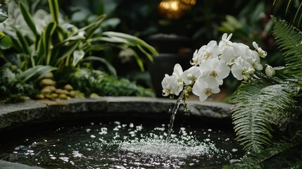 Lush Serene Memorial Garden with Ornate Fountain and Blooming Flowers