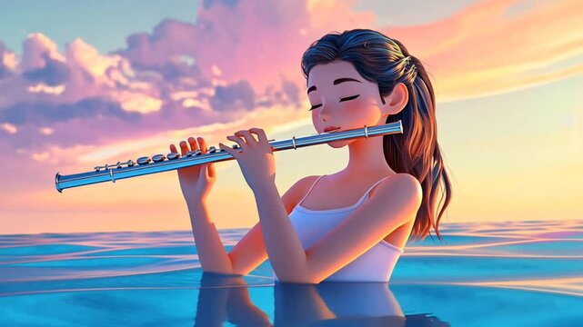 A young woman plays a flute in the ocean at sunset.