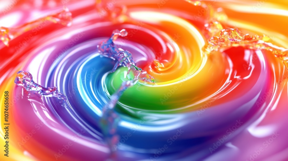 Poster an abstract swirl of vibrant rainbow colors with splashes of water, creating a mesmerizing, dynamic 