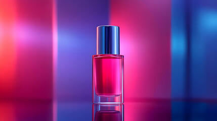 Pink Glass Bottle with Silver Cap on Colorful Background - 3D Illustration