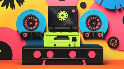 Colorful retro music setup with vibrant cassette tape and record player against a bright background.