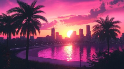 A vibrant sunset over a city skyline, casting pink hues on palm trees and reflecting in the water.