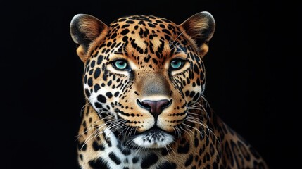 Obraz premium Close-up of a majestic leopard with striking blue eyes and a detailed coat against a dark background.