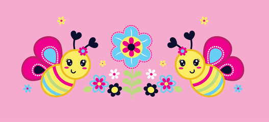 Cute vector illustration of a bee flying near a colorful flower in a vibrant garden setting.
