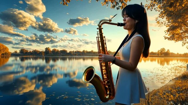 Young woman playing saxophone by a lake at sunset.