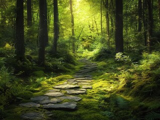 Obraz premium Enchanting Moss Covered Stone Path Through Lush Temperate Forest Landscape