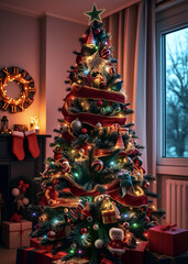Fototapeta premium A picturesque Christmas tree in the room, decorated with shining toys and lights.