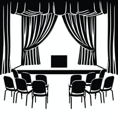 a black and white illustration of a stage with a curtain