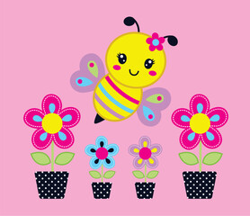 Cute vector illustration of a bee flying near a colorful flower in a vibrant garden setting.
