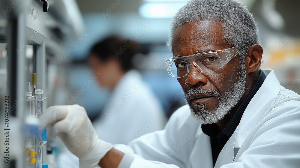 Poster scientist in lab coat and goggles working in a laboratory setting, focusing intently on research and