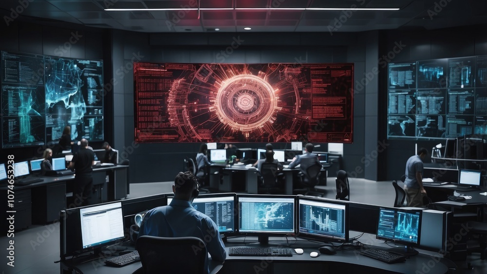 Poster cybersecurity experts actively thwarting a highly advanced ransomware attack in a high-tech control 