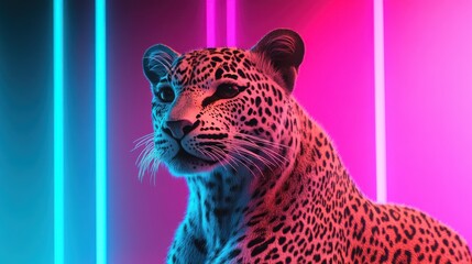 A stunning leopard with vivid spots bathed in vibrant neon blue and pink lights, showcasing its fierce beauty.