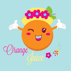 Whimsical orange fruit vector illustration surrounded by vibrant flowers and fluttering butterflies  
