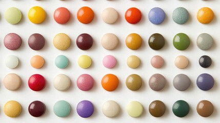 A close-up shot of various colorful buttons arranged in a grid pattern on a white background.