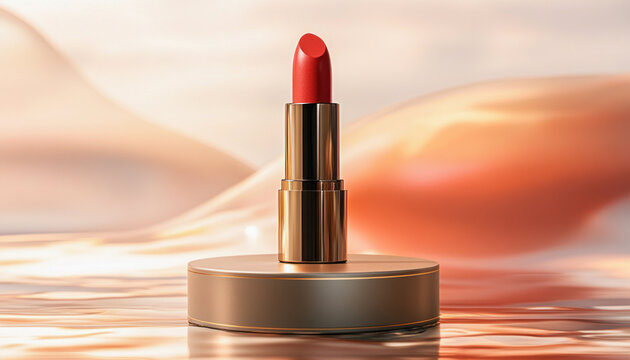 Red lipstick standing on golden podium on orange wavy background