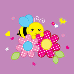 Cute vector illustration of a bee flying near a colorful flower in a vibrant garden setting.
